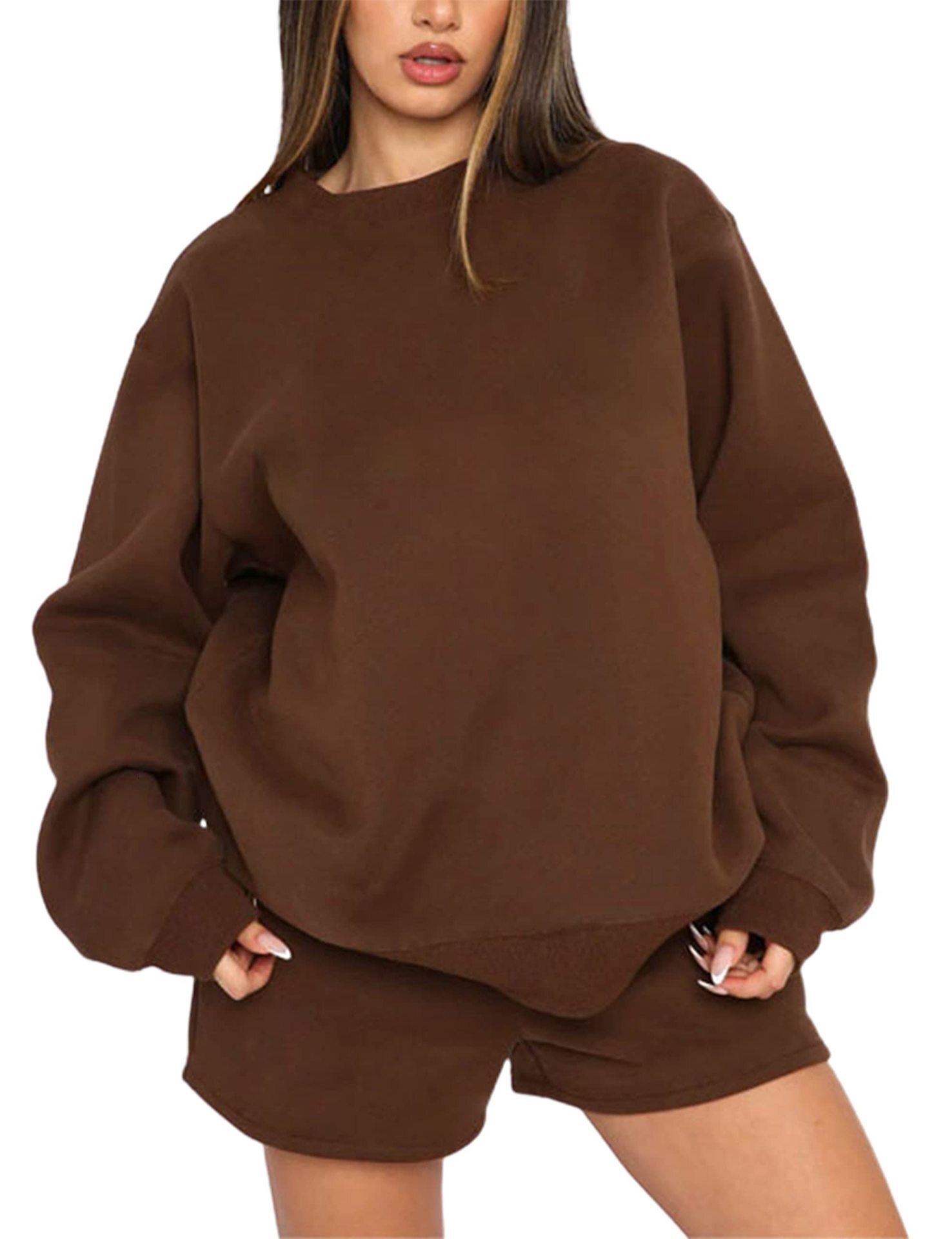 2025 Spring and Autumn Solid Color Round Neck Long Sleeve Hoodie Women's Fashion Casual Shorts Set