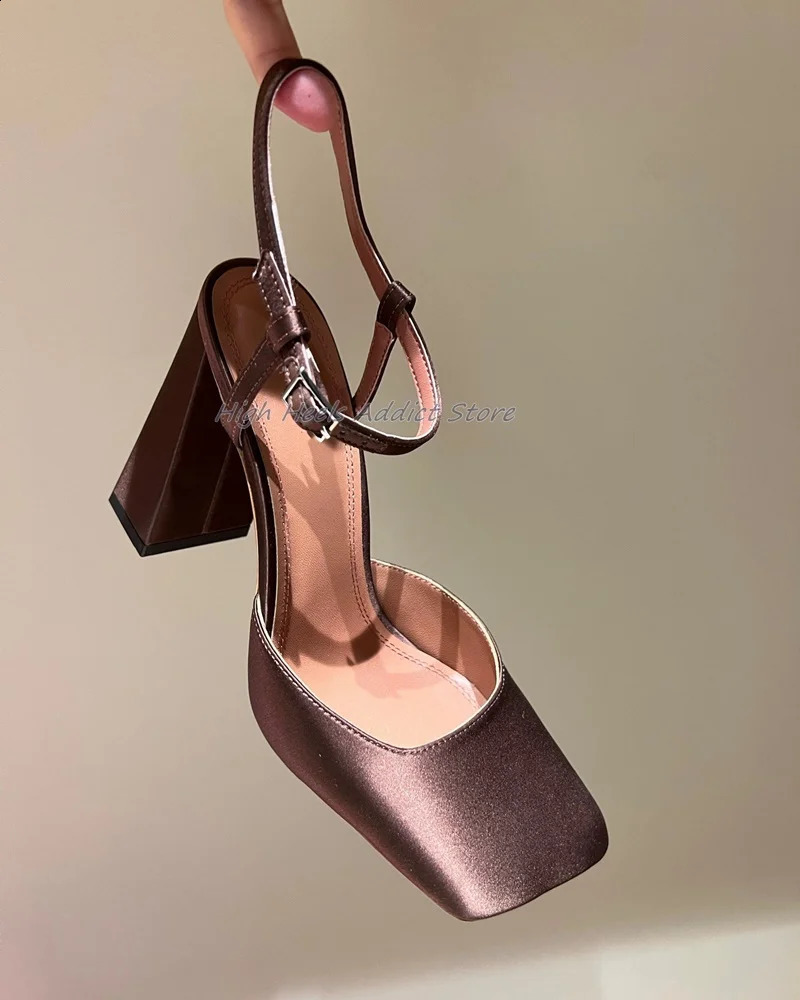 SqUAre Toe crystal chunky Heel Sandals Summer Satin Sexy High Heels Leather Shoes for Women Big Size 250322