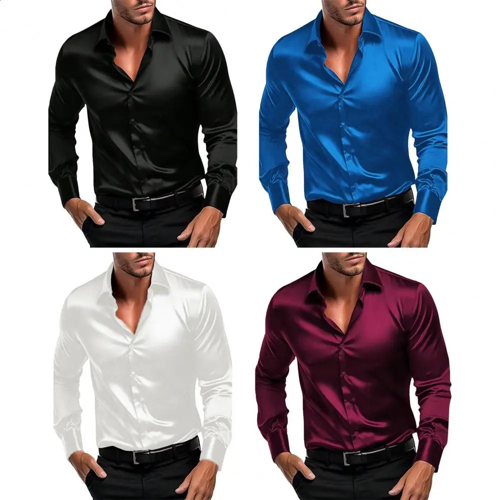 Summer Mens Shirt Long Sleeve Shirt Party Evening Dress Holiday Top T-shirt Silk Red Golden Ceremony Top 250319