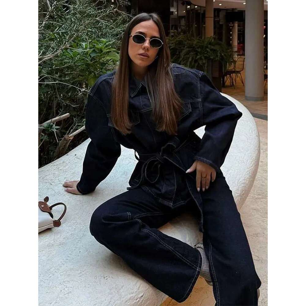 2025 Spring Women's Two Pieces Set With Trousers Loose Lace Up Pockets Coat High Waist Pants Chic Denim Ladies Suit Commuting