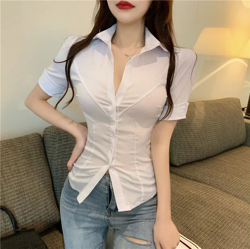 White shirt womens summer collar short sleeved single chest shirt uniform sexy nightclub low hanging slim fit top 250318