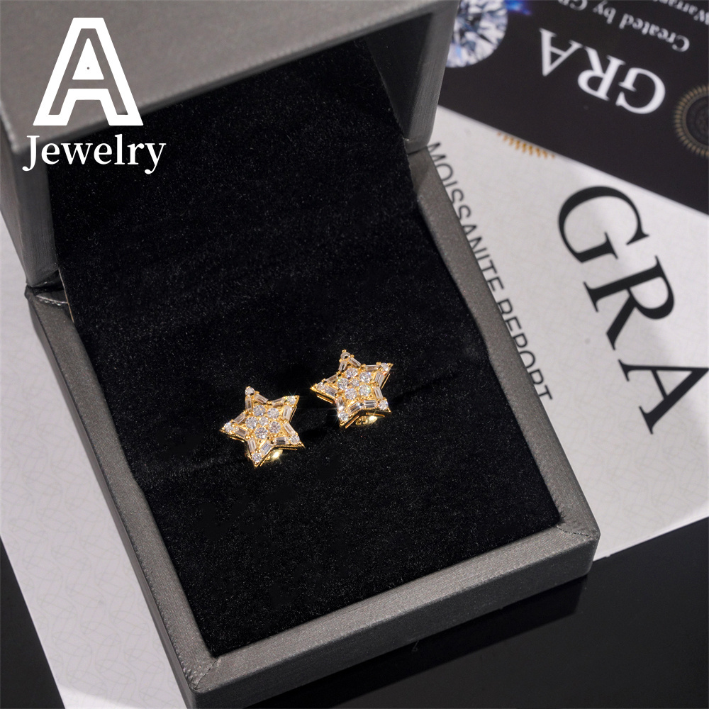Fine jewelry Hip Hop Jewelry Pass Diamond Tester Star Shape Baguette 925 Sterling Silver Moissanite Stud Earrings
