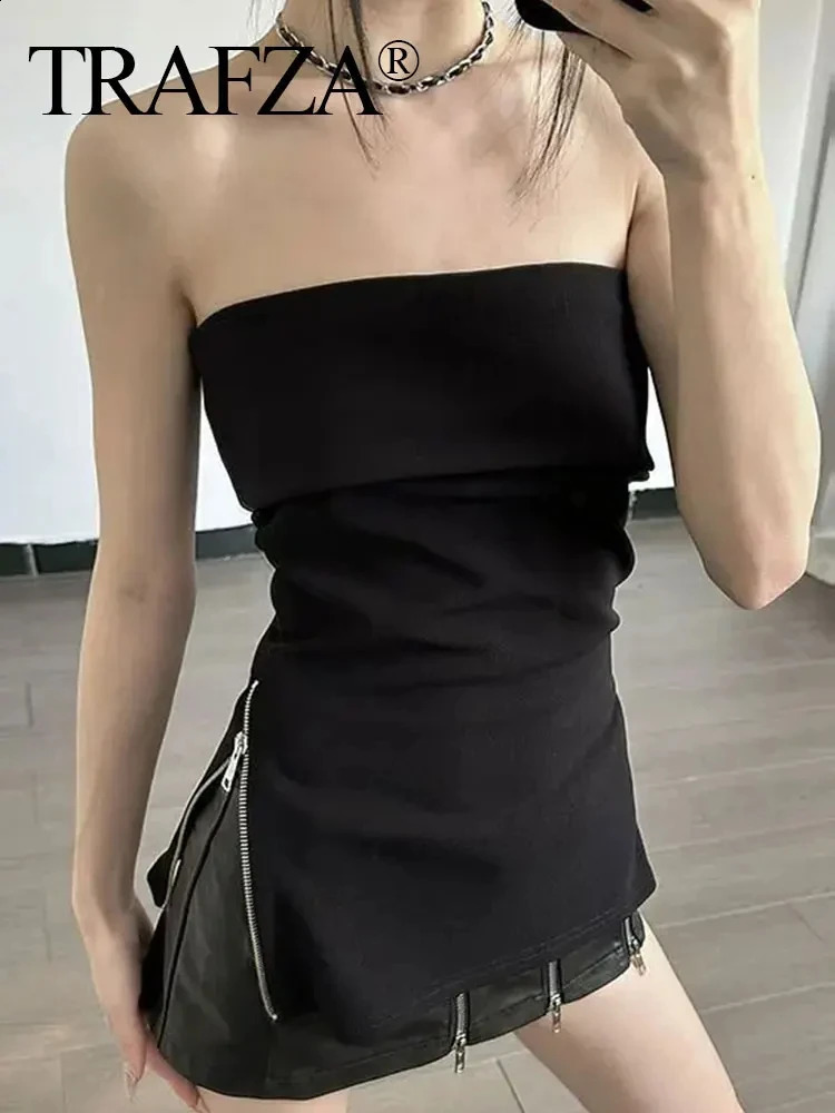 TRAFZA Womens Summer Strapless Corset Side Zipper Tube Top Elegant Solid Retro Shoulders Womens Sexy Backless Corset Top 250318