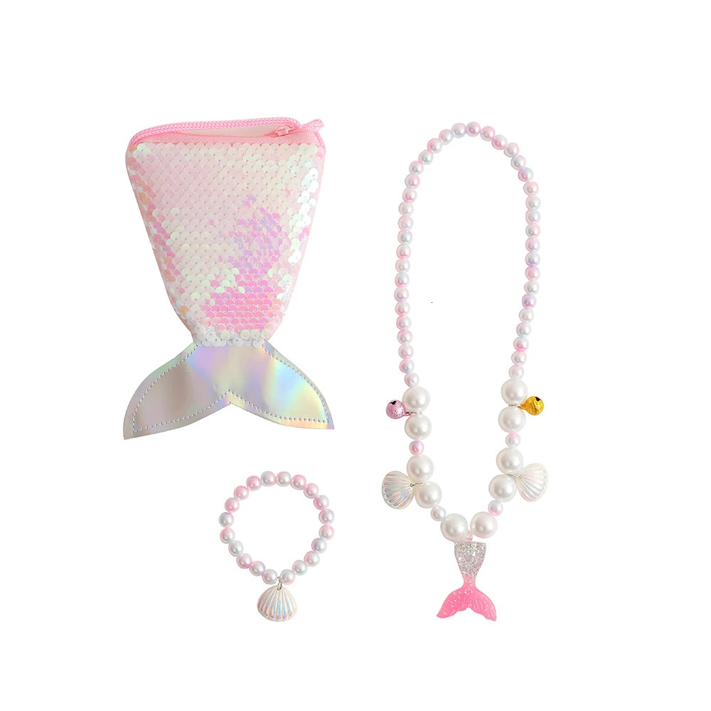 Cute and shiny fish tail pearl bracelet necklace with cross shaped bag for girls Kawai combination set birthday gift 250322