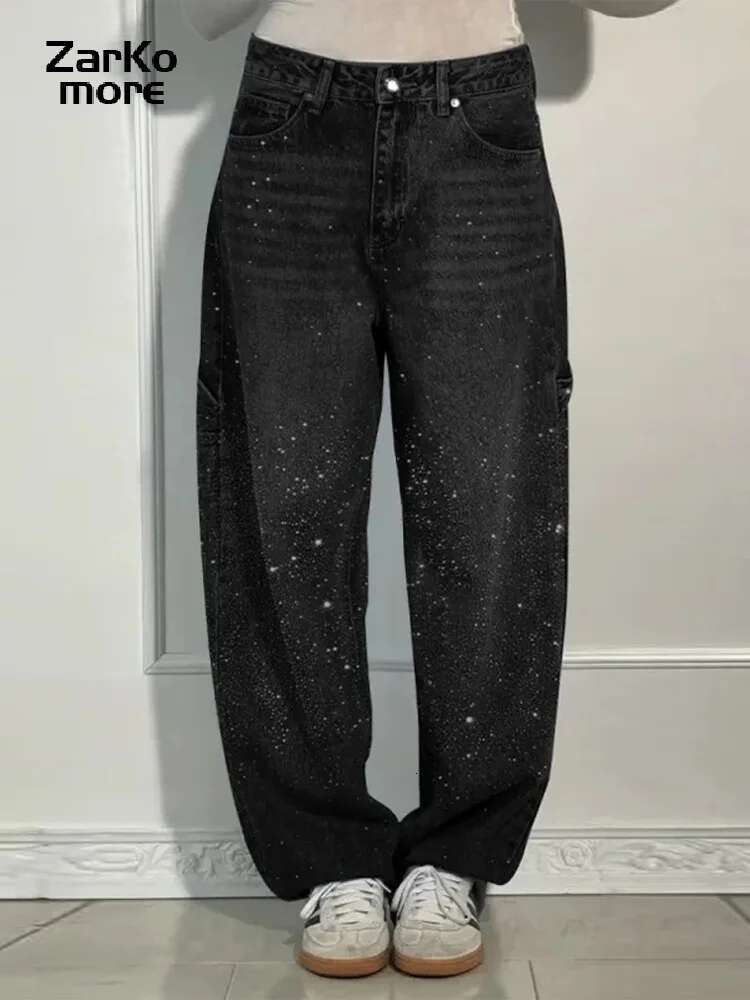 Retro Rhie Baggy Women's Women Blue Waist Straight Wide Leg Pocket Denim Jeans 2025 Spring High Street Y2k Outwear