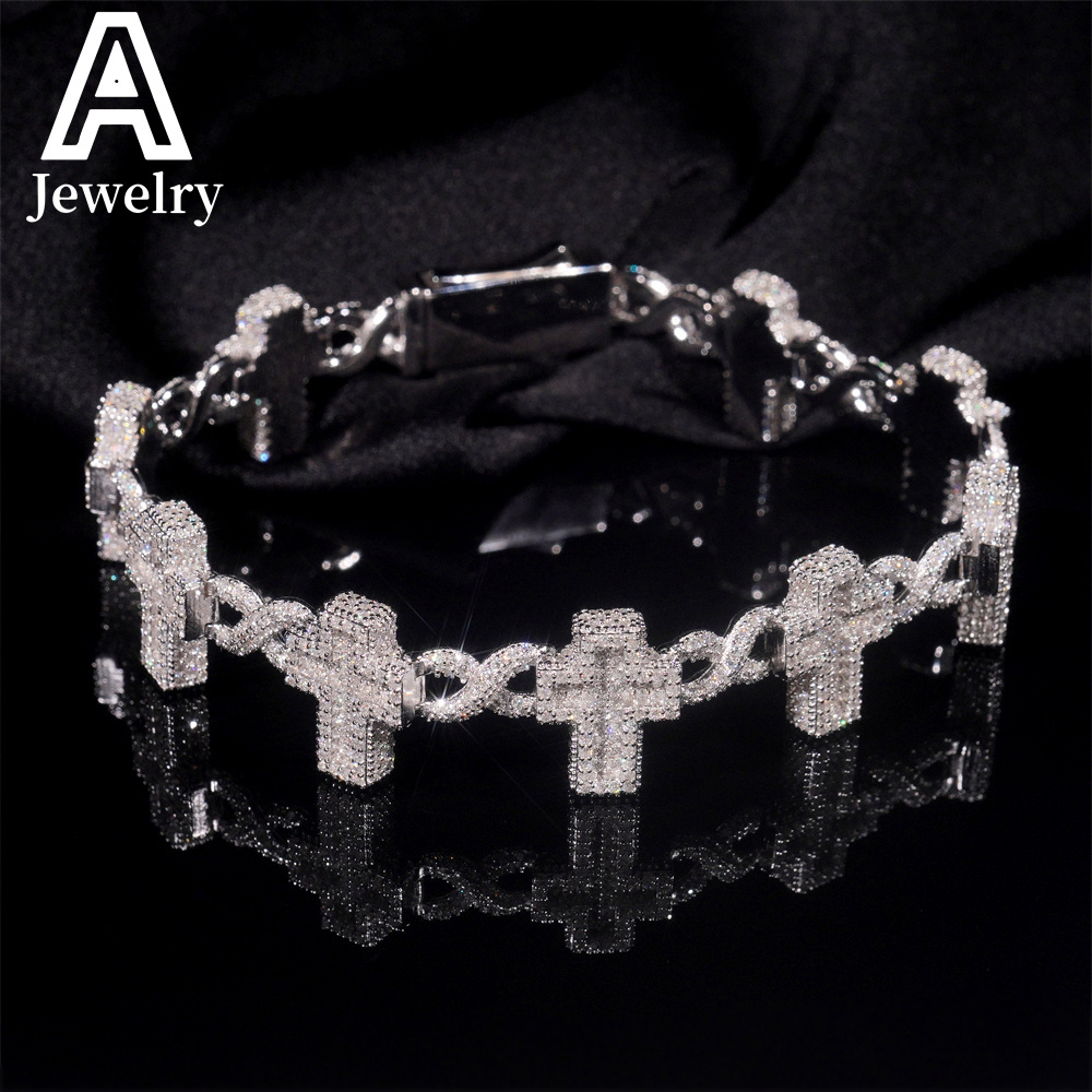 New Fashion Hip Hop Jewelry Moissanite Cuban Link Bracelet 925 Silver 15mm Cross Design Bracelet For Men Women