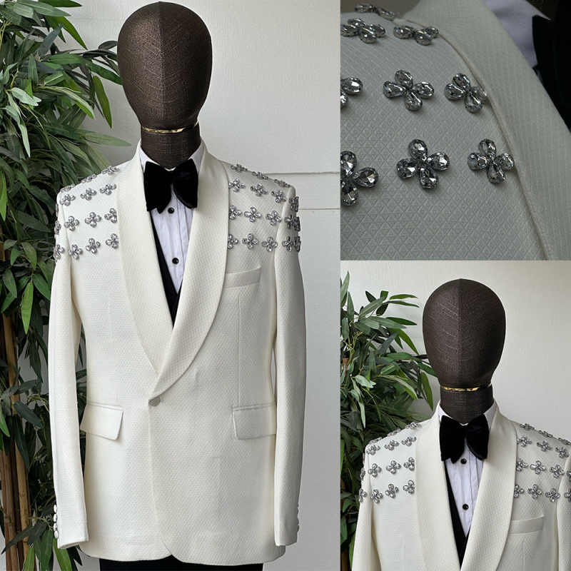 Stylish Wedding Tuxedos Crystal One Button Men Suit Shawl Lapel 1 Piece Set Jacket Evening Groom Business Blazers Customized