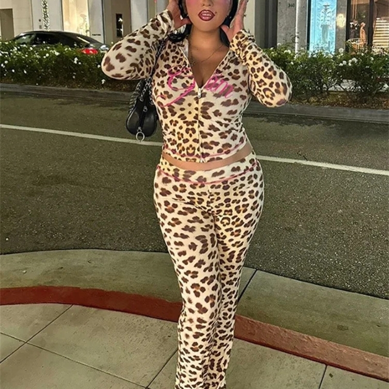 Leosoxs Leopard Letter Print 2 Piece Set Women Tracksuit Sporty Casual Hooded Crop Jacket Flare Pants Stretch Matching Suits 250322
