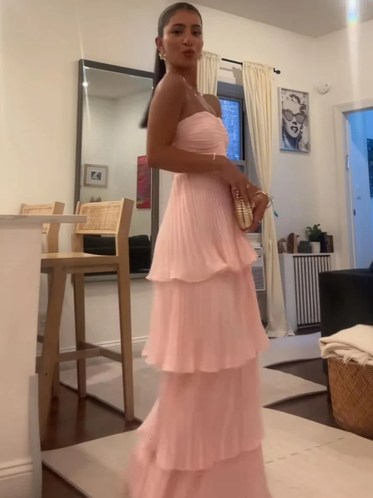 Sexy Pink Scarf Collar Shoulder Fold Edge length Dress Fashionable Sleeveless High Waist Long Party Evening 250324