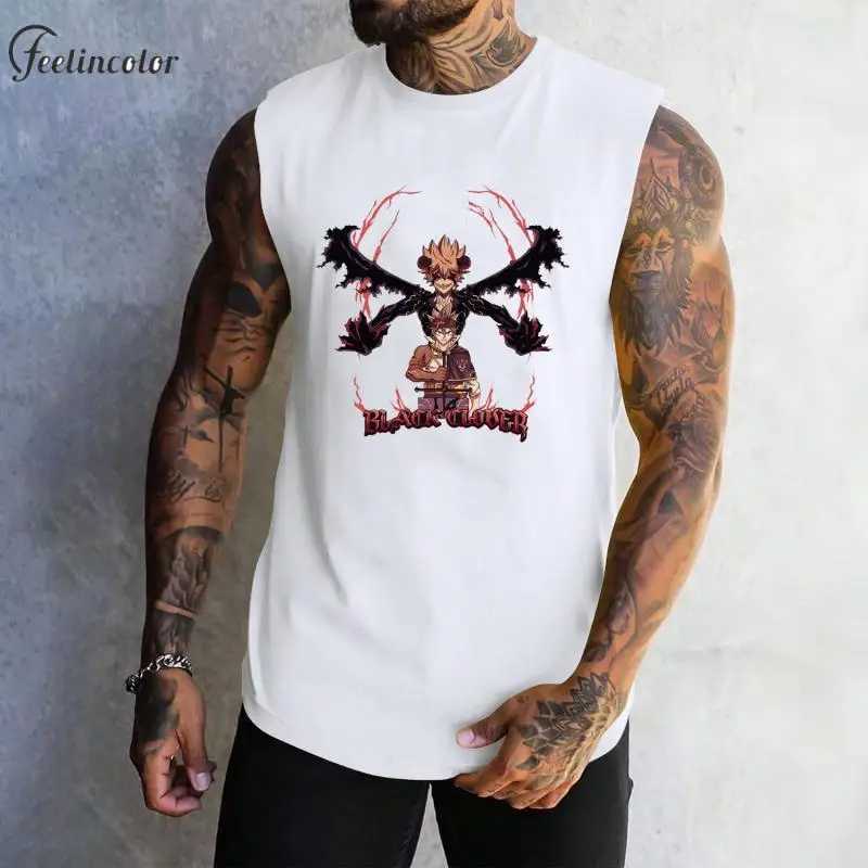 Black clover mens vest Asta printed vest black and white casual sleeveless T-shirt Japanese anime graphic T-shirt mens clothing X250324