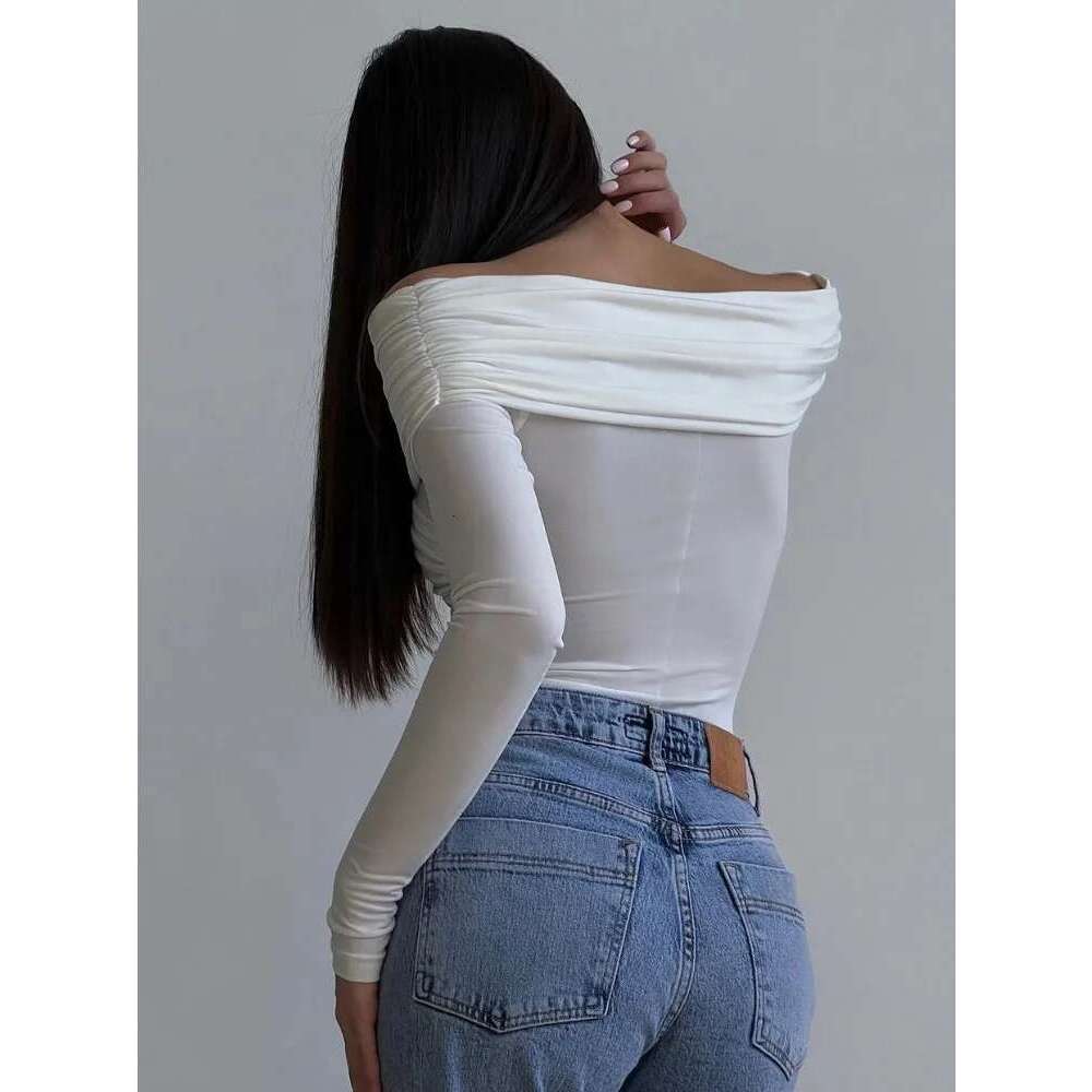 Tossy White See-Through Patchwork Jumpsuit For Women Pleated Slim Sexy High Waist Long Sleeve Off-Shoulder Rompers Streetwear