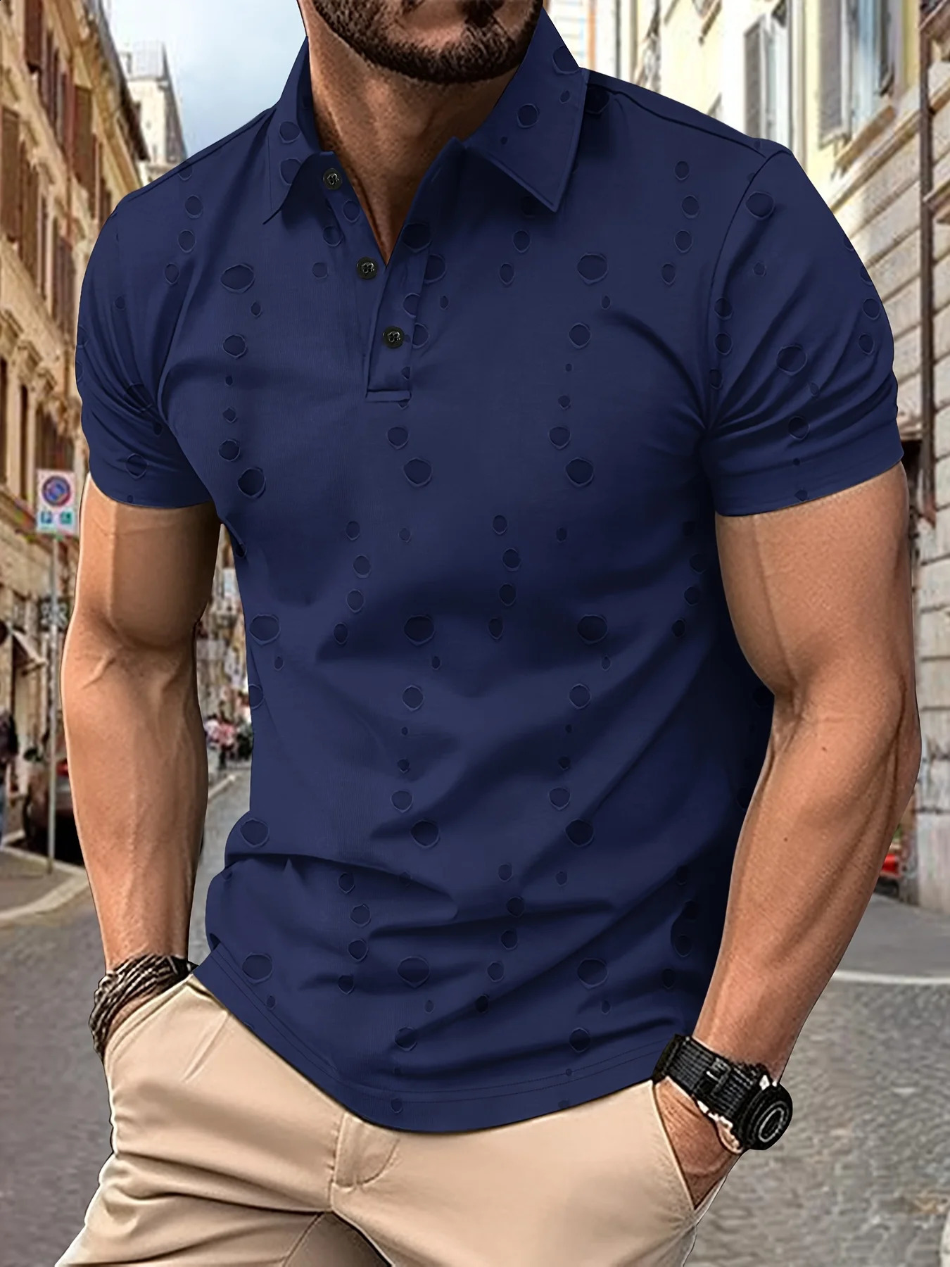 summer fashionable mens hole comfortable breathable casual solid color button outdoor sports short sleeved polo shirt 250311