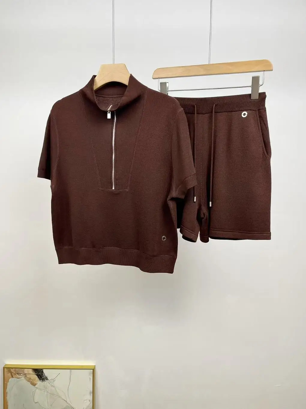 Summer Wool Knitted Sportswear Womens Stand Collar High Quality Casual TopShorts Two Piece Set 250322