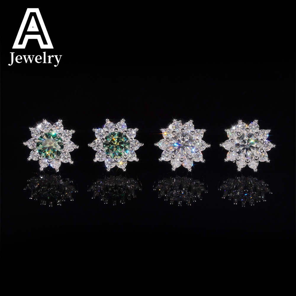 Pass Diamond Tester Fashionable Luxurious Sun Flower Earrings 925 Silver Cluster Blue Green Moissanite Stud Earrings