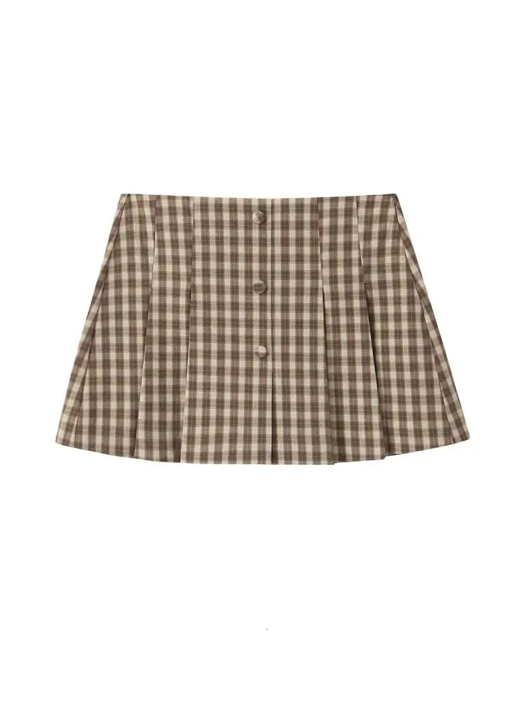 TRZA Womens Fashion Fitted Checkered Waistcoat Top And MidWaist SideZip Pleated Shorts TwoPiece Set for Women 250322