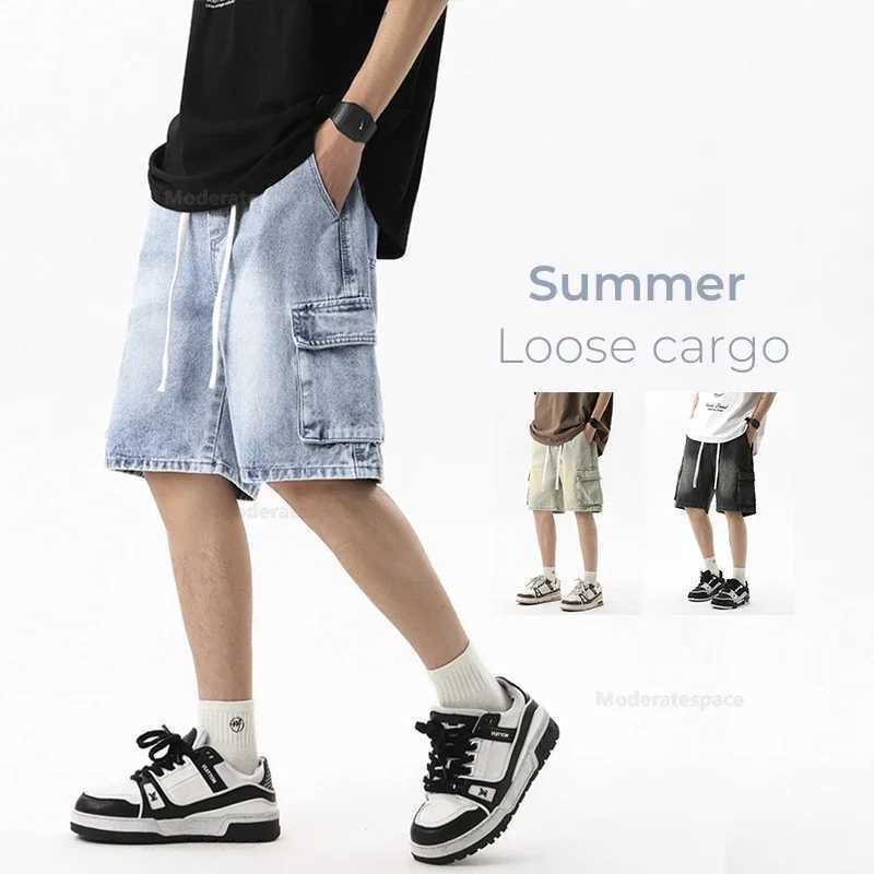 Summer Retro Fashion Denim Shorts for Men Loose Straight Leg Multi-pocket Short Jeans With Elastic Waist and Drawstring Male T250603