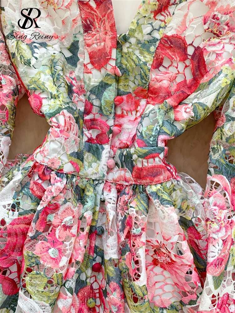 SINGREINY Spring Ral Print Short V Neck Lantern Sleeves Embroidery Design Hollow Out Chic A E Beachwear Female Dress