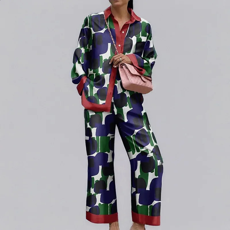 Autumn Loose Vintage Printed Pant Sets Women Long Sleeve Shirts And Wide Legs Trousers Two Piece Set Fashion Streetwear 250324