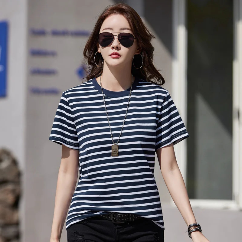 Wxw0212 striped Tshirt womens short sleeved cotton Oneck office ultrathin Korean style summer 2023 250324