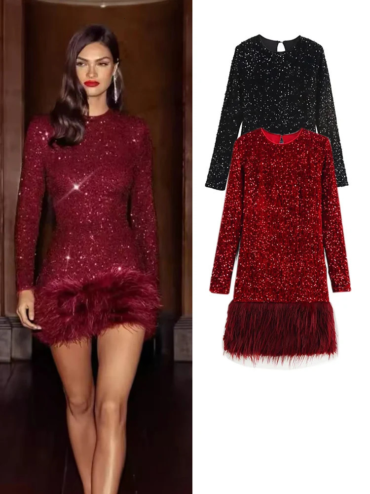 TFMLN Fashion Womens Sparkling Feather Dress Spring Chic Ultra Thin Oneck Long Sleeve Shiny Evening Party Mini 250320