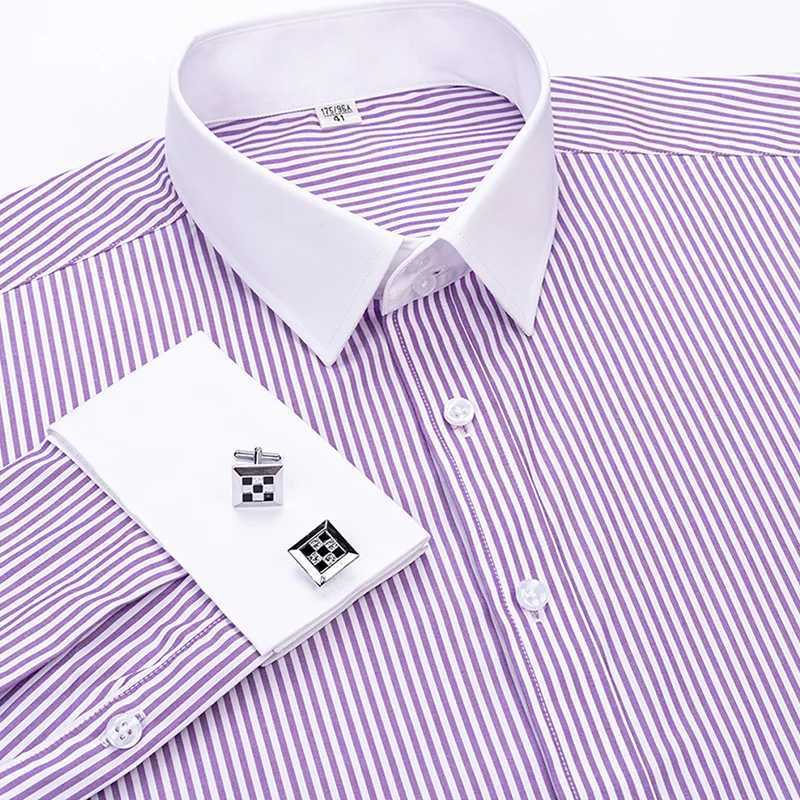 2025 mens French cufflink shirt ultra-thin fit color collar business dress mens long sleeved striped shirt collar X250324