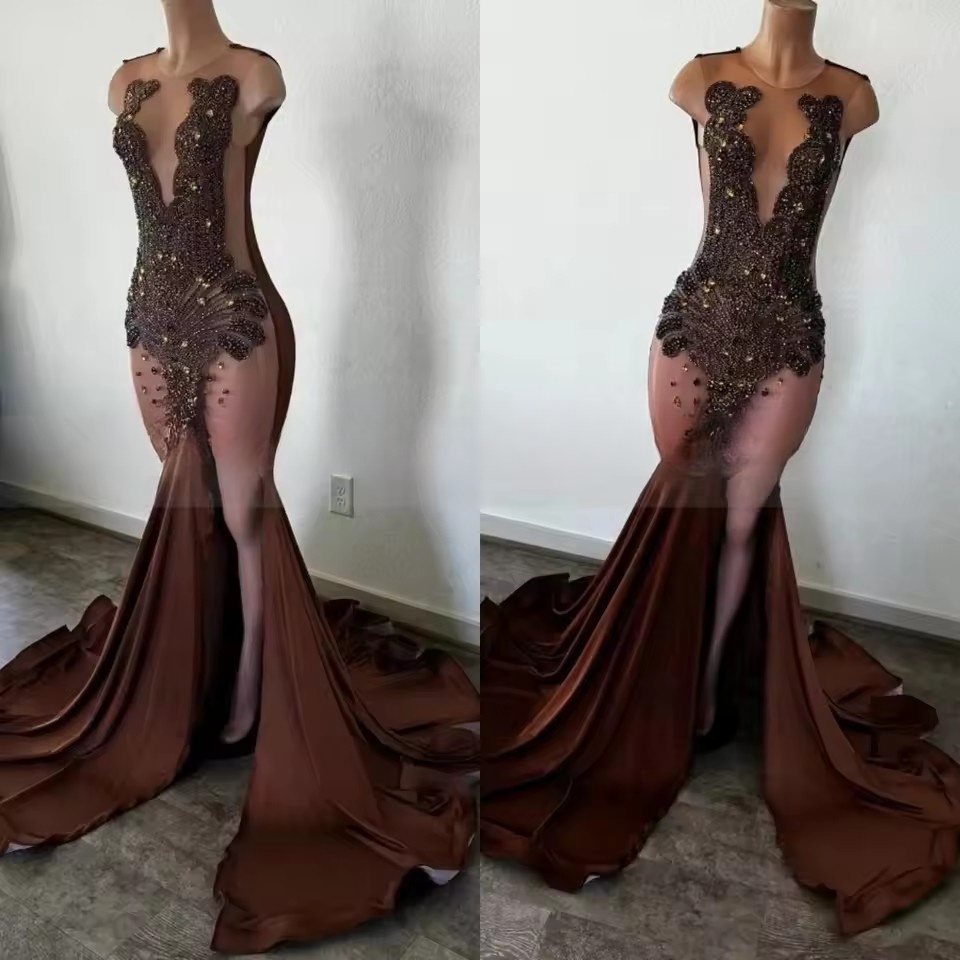 Brown Long Trumpet Prom Gala Dresses for Black Girl 2025 Crystal Slit Birthday Evening Reception Customized
