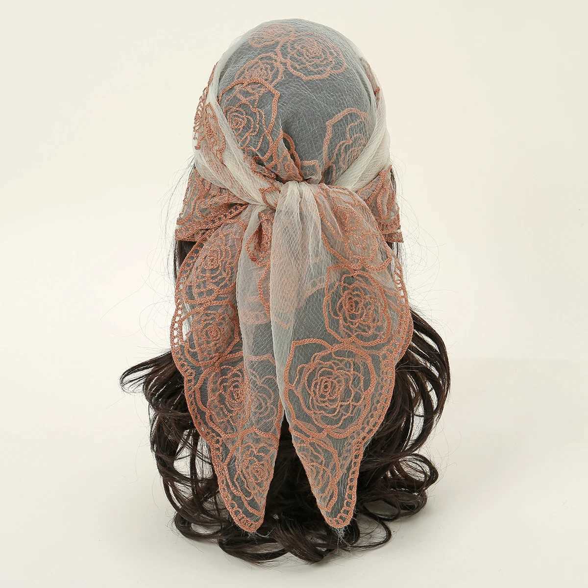 80 * 80cm lace square headscarf style rock embroidery flower belt mesh breathable headscarf through scalp Muslim veil X250324