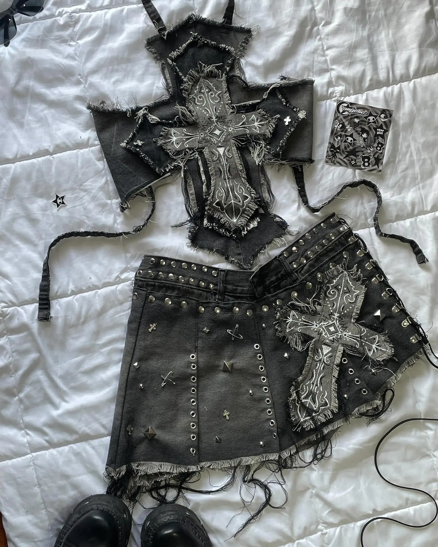 Y2K Streetwear Skirt Sets Womens Gothic Retro Dark Cross Graphic Patch Denim Mini Skirt Halter Tops Harajuku Slim Fit Skirt Sets 250317