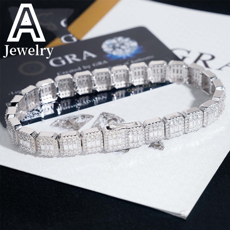 Iced Out Jewelry VVS Moissanite Cuban Bracelet 9MM Baguette Cut Diamond Cuban Link Men Hip Hop Silver Bracelet