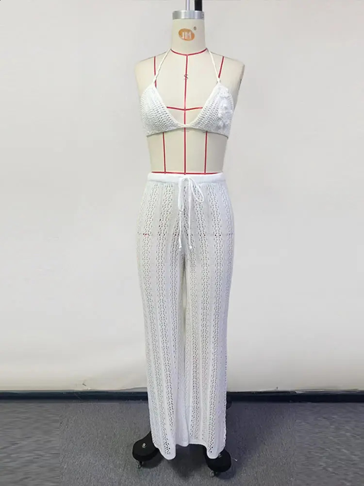 2025 Summer Knitted 3 Pieces Sets Women Fashion Solid Lace Up Crop Tops Long Wide-leg Pants Sexy Holiday Beach Ladies Suit 250324