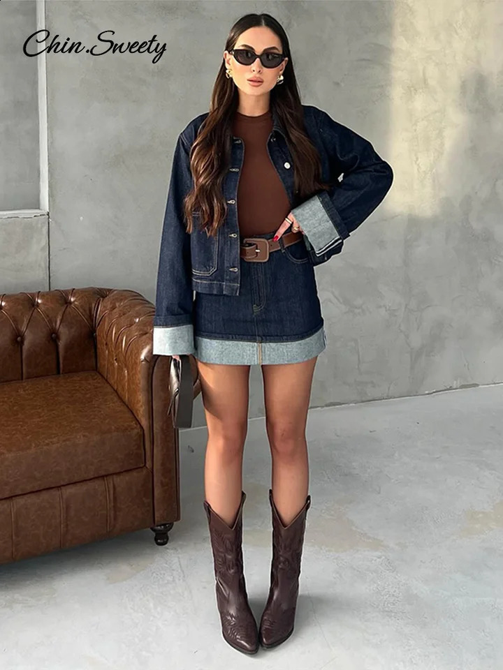 Denim Mini Skirt Women 2 Piece Set Lapel Long Sleeve Button Pocket Jacket A-line Skirts Suit 2025 Spring High Street Outfits 250317