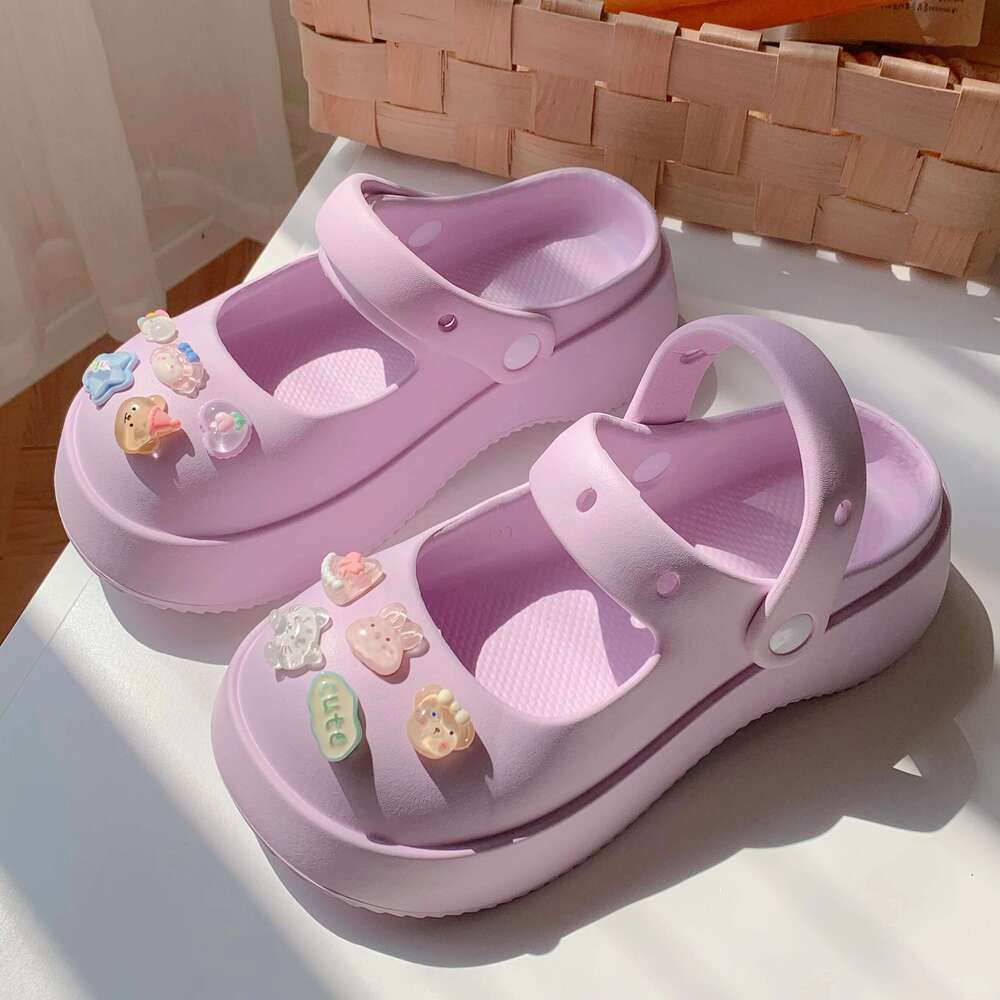 Summer New EVA Thick Mary Jane Perforated Shoes Women Wearing Elevated Soft Sole DIY Solid Color Two Wear Home Slippers