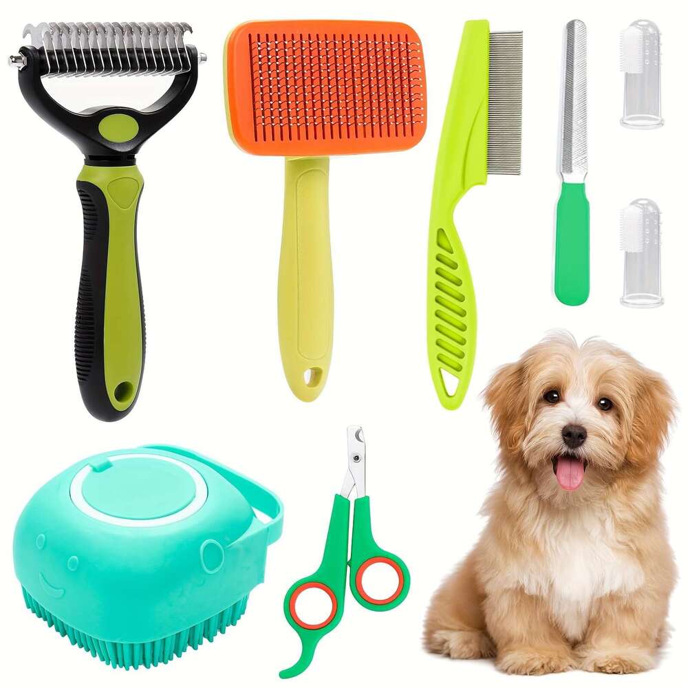 DHpet 8-in-1 Complete Pet Grooming Set - Brushes, Scissors, Toothbrushes for Dogs & More