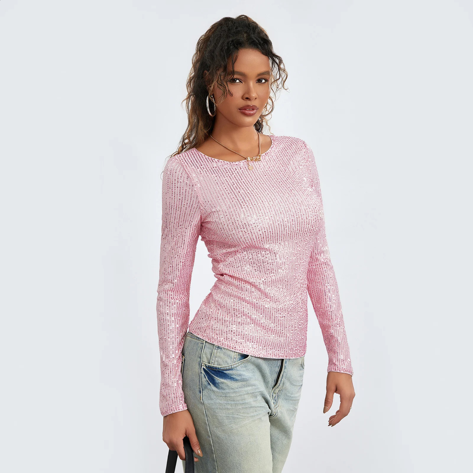 Women Spring Fall Long Sleeve Cropped Tops Sequins Basic T-shirt Casual Pullover for Club Streetwear Aesthetic Clothes 250324