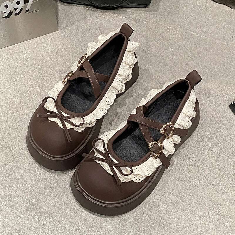 Women's round toe shallow lace cross straps, buckle, bow mid-heel fashion single outdoor Lolita, ladies Mary Jane shoes