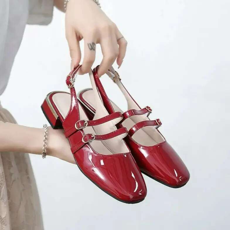 2025 Spring Autumn Women Double Buckle Mary Janes Patent Leather Dress Head Square Heel Solid Color Women's Shoes