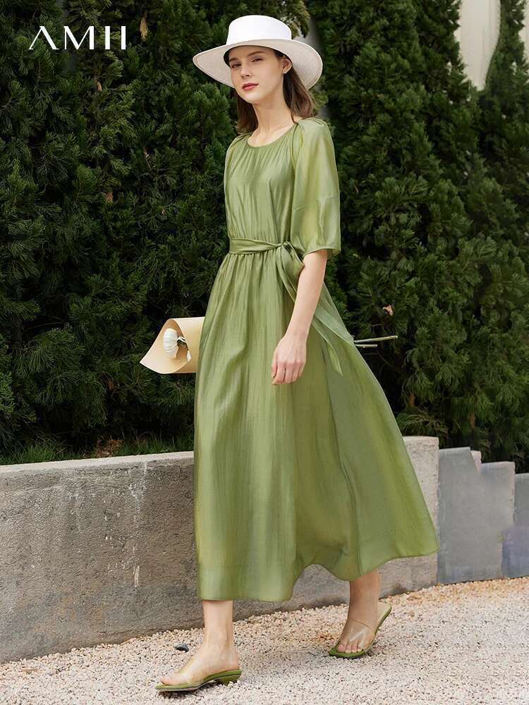 AMII Minimalist Long Dress for Women 2022 Summer New Loose French Style Puff Sleeve O-neck Temperament A-e Vestidos 12240450