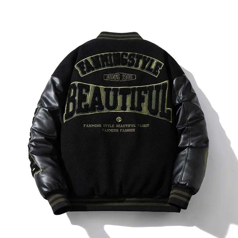 Vintage Letter Embroidered Baseball Jacket Cotton Coat Men's Winter Leather Sleeve Patchwork Woolen Thicken Overcoat