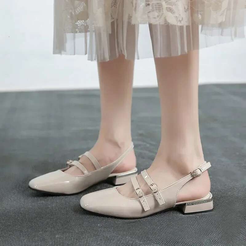 2025 Spring Autumn Women Double Buckle Mary Janes Patent Leather Dress Head Square Heel Solid Color Women's Shoes