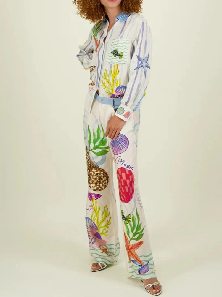 Bohemia Fruit Print Satin Loose Pants Sets Women Causal Long Sleeve Shirts Two Piece Sets Fmeale Summer Outfits Streetwear 250324