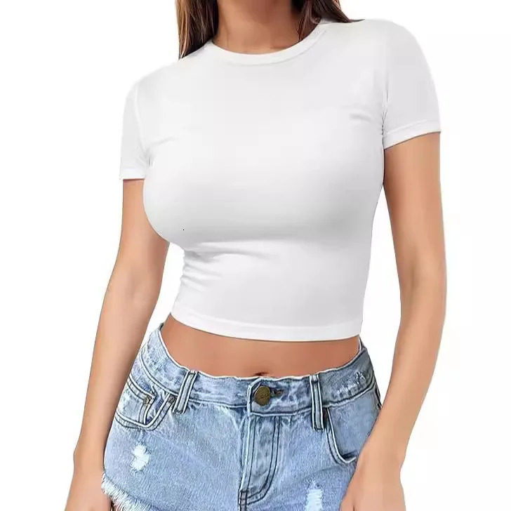 Womens crop top exposed white Tshirt spicy girl summer floral womens thin cut round neck milk silk short sleeved shirt 250324