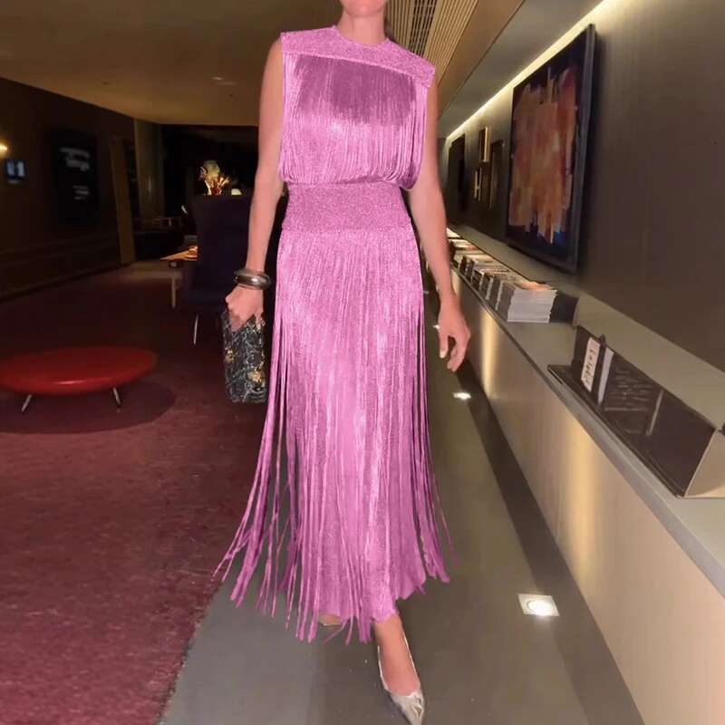 Elegant O Neck Tassel Slim Banquet New Sexy Hollow Sleeveless High Waist A-E Office Lady Casual Solid Party Dress