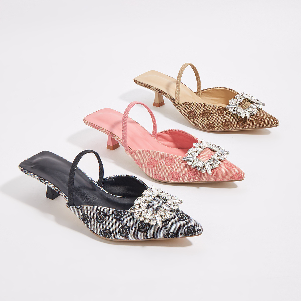Free shipping designer heels for womens lady sandal fashion stiletto heel black rhinestone slipper outdoor shoes