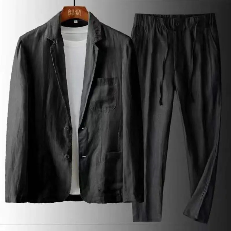 Autumn Two Piece Set Business Suit Mens Linen Thin Breathable Pocket Blazer Jackets Pants Outfits For Men Clothing 250319
