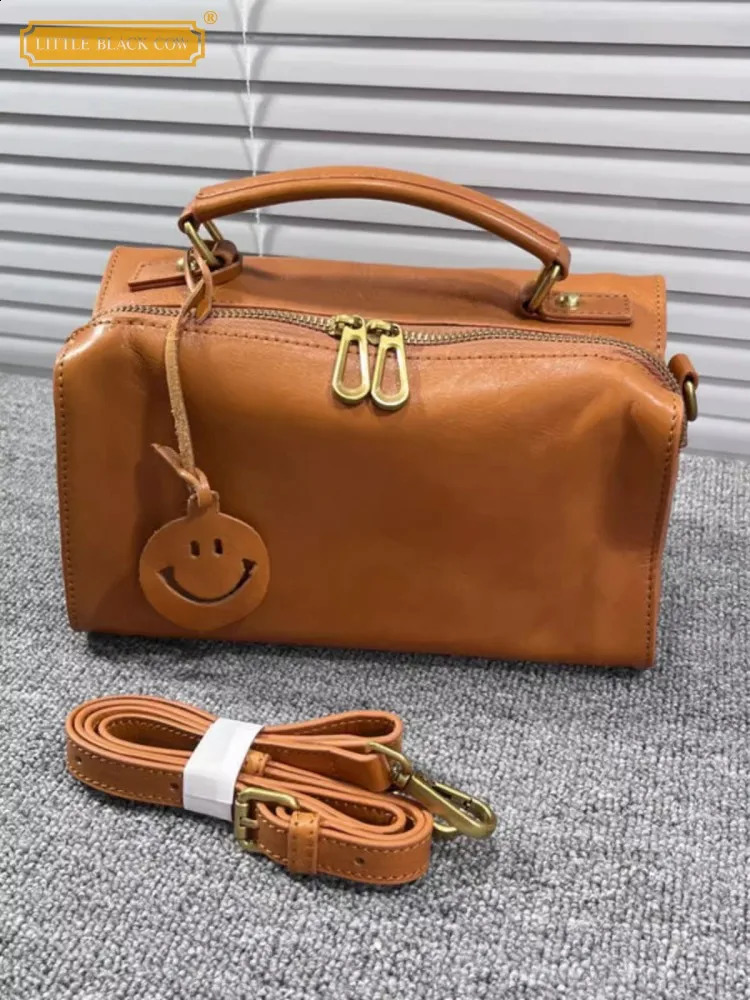 Real Leather Cowhide Women Boston Bag Vintage Tote Handbag Office Ladies Casual Single Shoulder Zipper Crossbody Pillow Bags 250317