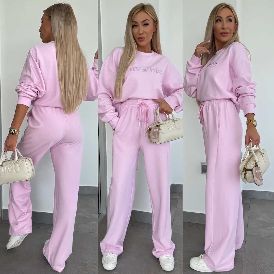 2025 Spring New Solid Color Round Neck Long Sleeve Letter Embroidered Hoodie Strap Pants Two Piece Set