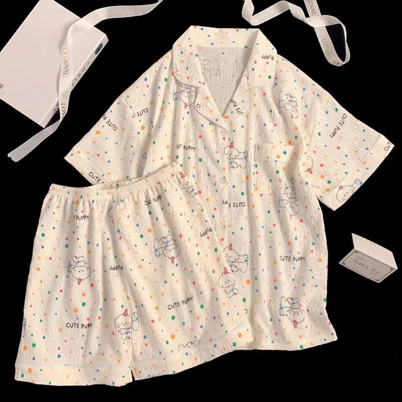 Colorful cartoon printed womens 3-piece pajamas Kawaii Sweet Cloud Cotton Homewear Spring/Summer pajamas 250321