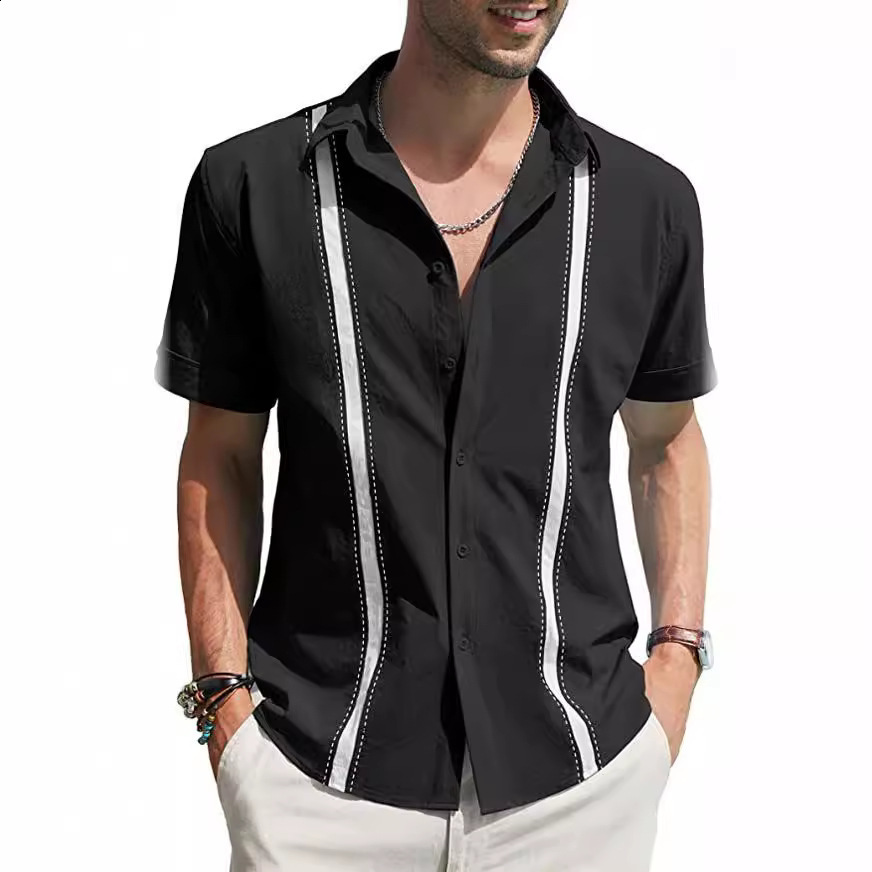 Men's Shirts Guayabera Shirts Button-Down T-Shirts Summer T-Shirts Beach Wear Navy Blue Short Sleeves Colorful Casual Daily Wear 240112