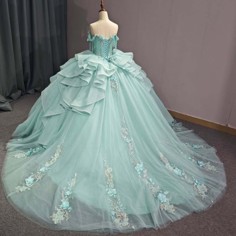 Mint Green Shiny Sweetheart Quinceanera Dresses Off The Shoulder Applique Flower Beading Tulle Vestidos De 15 Anos Sweet 16 Dress