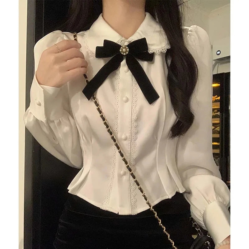 White Bow Shirts Women Sweet Preppy Kawaii Lace Patchwork Blouses Lolita Korean Elegant Peter Pan Collar Long Sleeve Crop Tops 250322